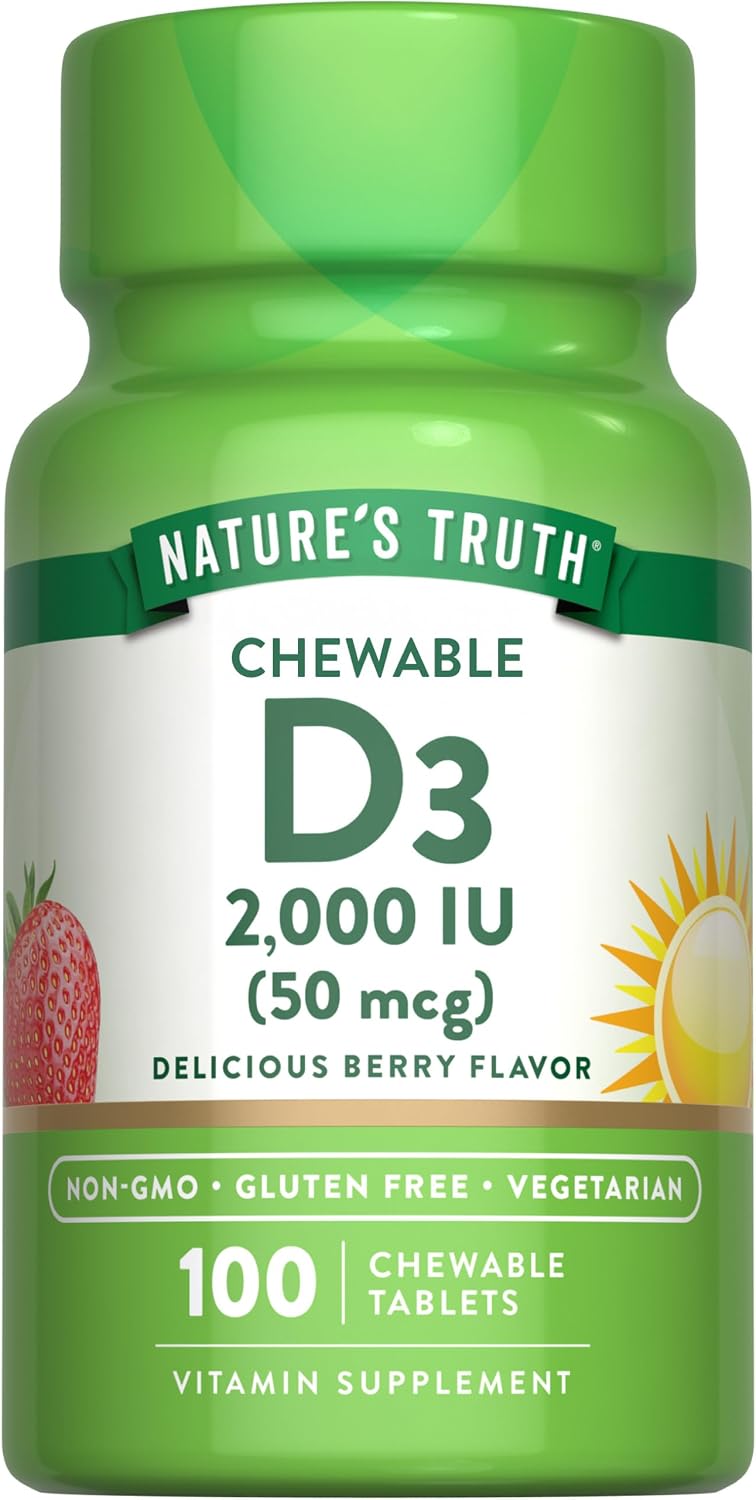 Nature's Truth Chewable Vitamin D3 2,000 IU - 100 Tablets, Berry Flavour - Vegetarian, Non-GMO, Gluten-free Supplement - görsel 1