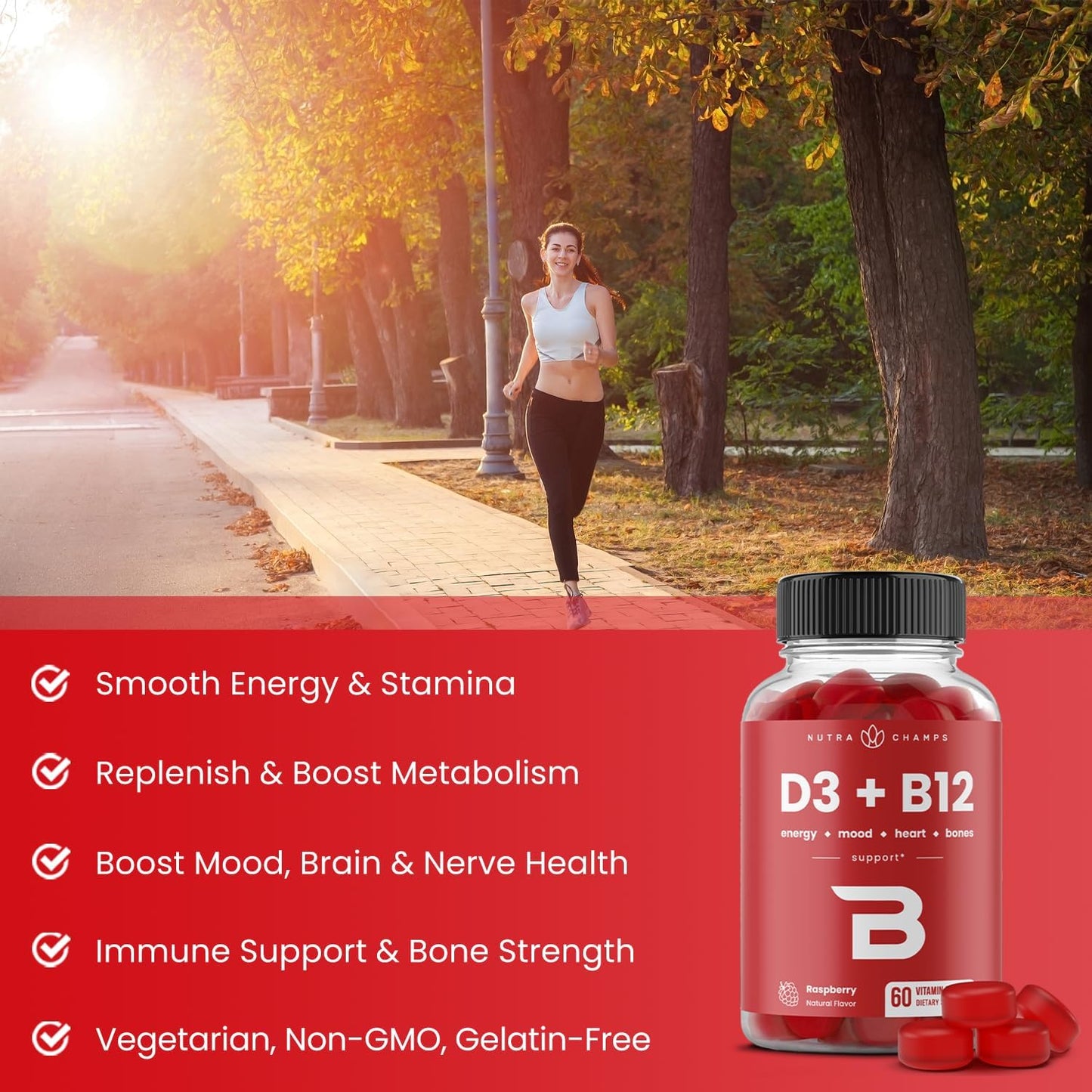 NutraChamps Vitamin D3 & B12 Gummies with Methyl B12 and Folate - For Energy, Mood & Immune Support - Raspberry, 60 Gummies - görsel 4
