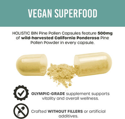 Pine Pollen Capsules 500mg (Pinus Ponderosa) – Wild Harvested California Ponderosa Pine Pollen – Olympic Grade – 30-Day Supply