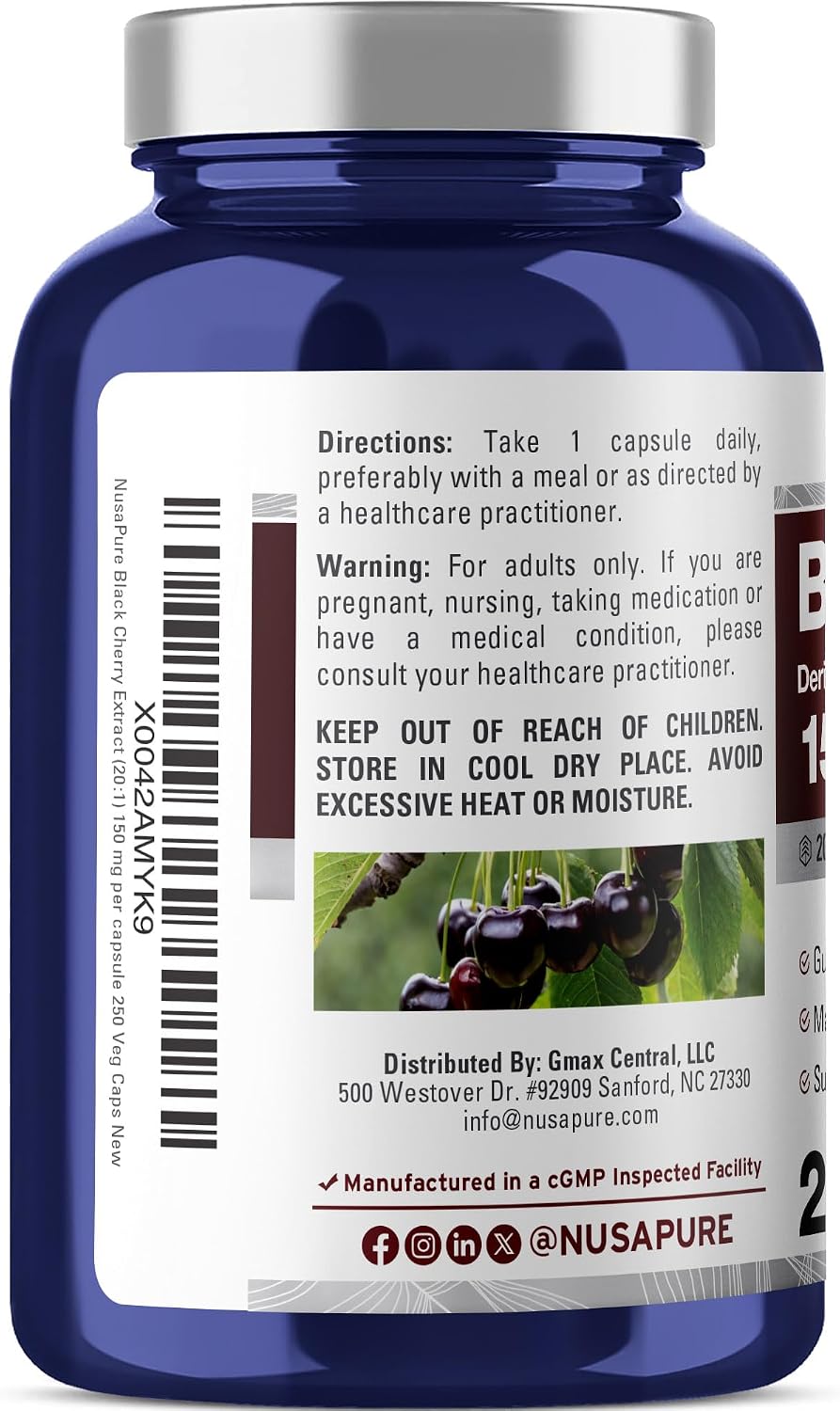 NusaPure Black Cherry Extract 150mg 250 Veg Capsules Max Potency, Non-GMO, Bioperine - görsel 3