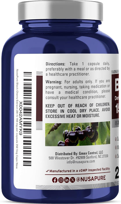 NusaPure Black Cherry Extract 150mg 250 Veg Capsules Max Potency, Non-GMO, Bioperine