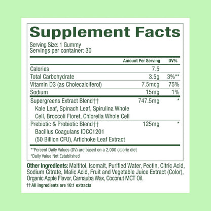 WonderGreens Kids Super Veggie Gummies - Sugar-Free Greens Gummies with Probiotics - Green Apple Flavour - 30 Count