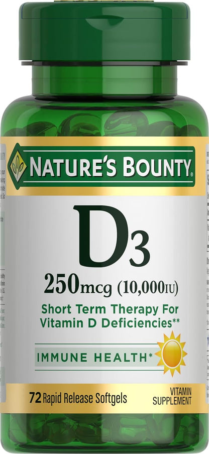 Nature's Bounty Vitamin D3 10000 IU, 72 Softgels – Immune & Bone Support