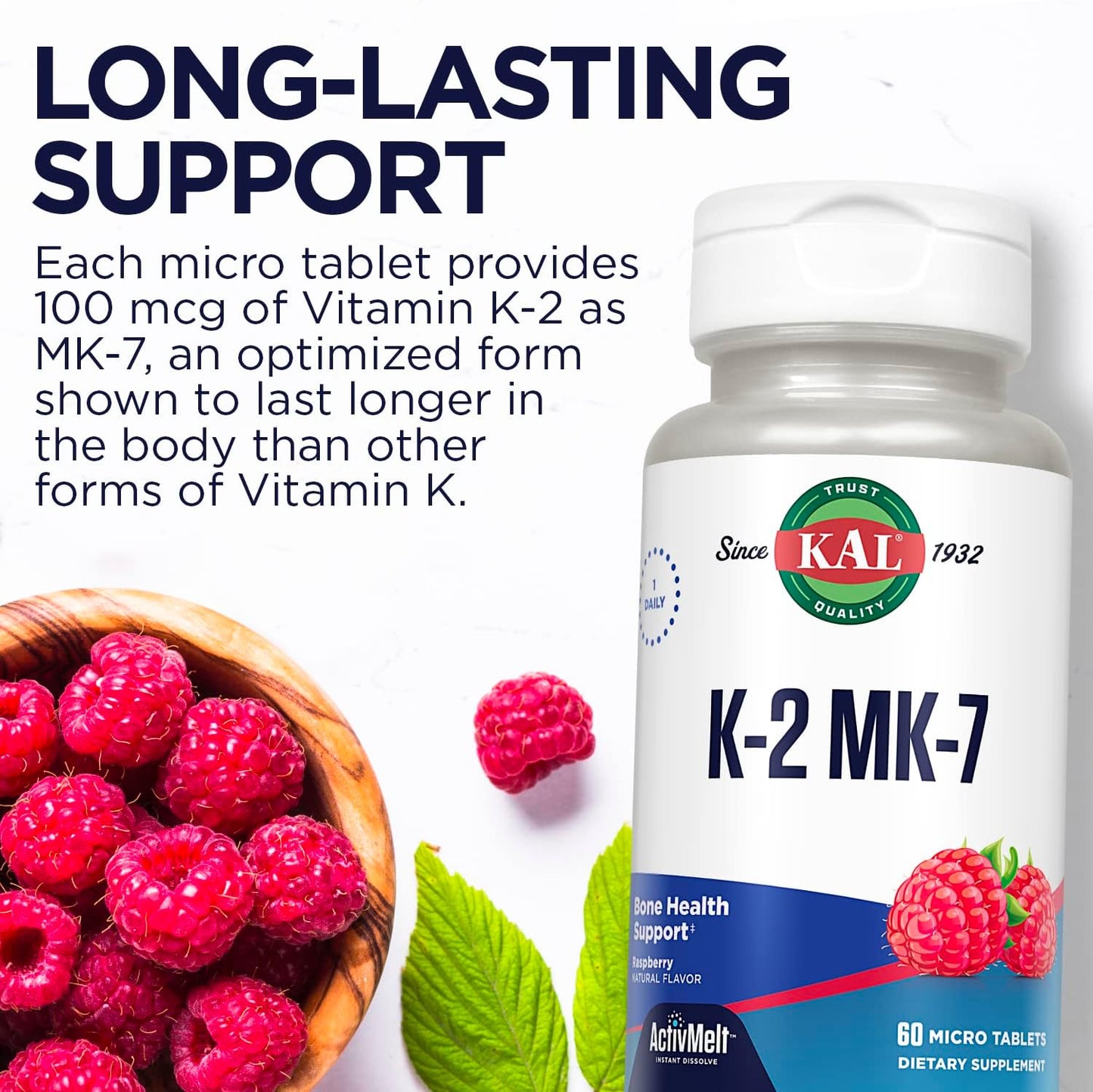 KAL Vitamin K2 MK7 ActivMelt 100 mcg Tablets - Vitamin K Supplement for Nutritional Support for Women & Men, Non-GM, Vegan, Gluten-Free - Natural Raspberry Flavour, 60 Micro Tablets - görsel 5