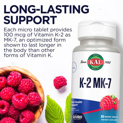 KAL Vitamin K2 MK7 ActivMelt 100 mcg Tablets - Vitamin K Supplement for Nutritional Support for Women & Men, Non-GM, Vegan, Gluten-Free - Natural Raspberry Flavour, 60 Micro Tablets