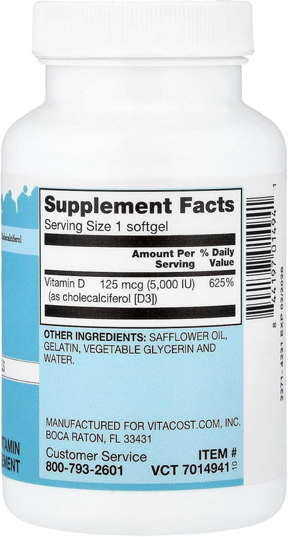 Vitacost Vitamin D3 Mini Softgels, 125 mcg (5,000 IU), 200 Capsules