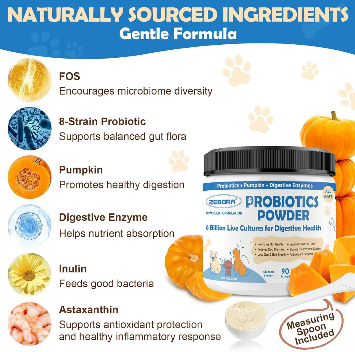ZEBORA Probiotics for Dogs - Probiotic Powder with Pumpkin, Prebiotics & Enzymes, 6 Billion CFUs, Chicken Flavour (90 Scoops) - görsel 3