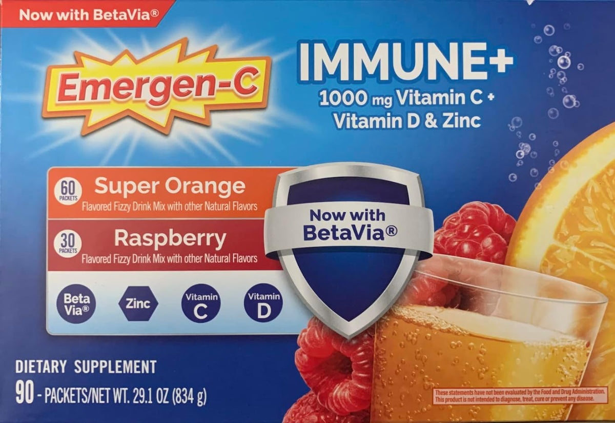 Emergen-C Immune+ 1000 mg Vitamin C with Vitamin D and Zinc, Super Orange and Raspberry, 90 Packets - görsel 1