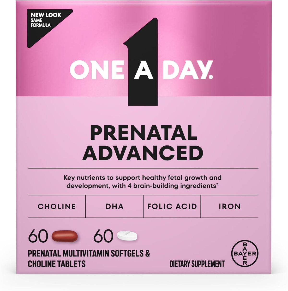 One A Day Prenatal Advanced – Prenatal Vitamins with Folic Acid, Choline, DHA & Iron, 30+30 Count (60 Total) - görsel 8