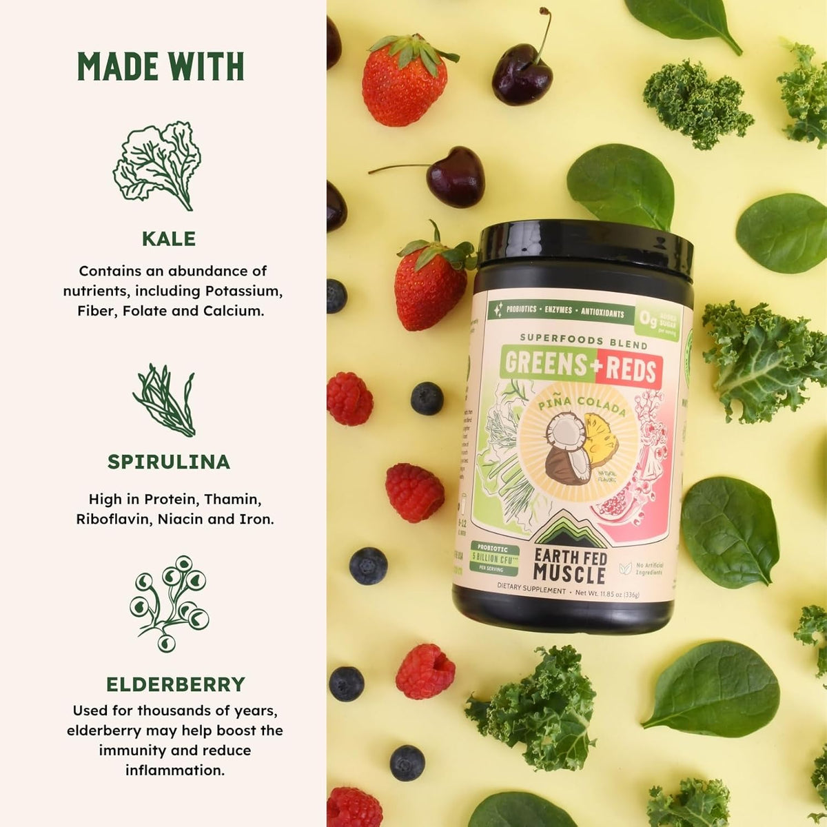 Earth Fed Muscle Greens and Reds Superfoods Blend, Piña Colada - görsel 3