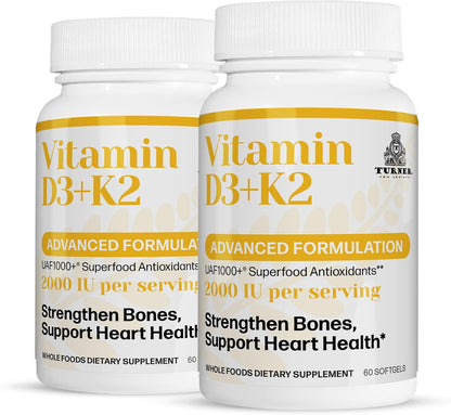 TURNER Vitamin D3 & K2 Softgels - 2000 IU D3 + 80 mcg MK-7, 120 Softgels