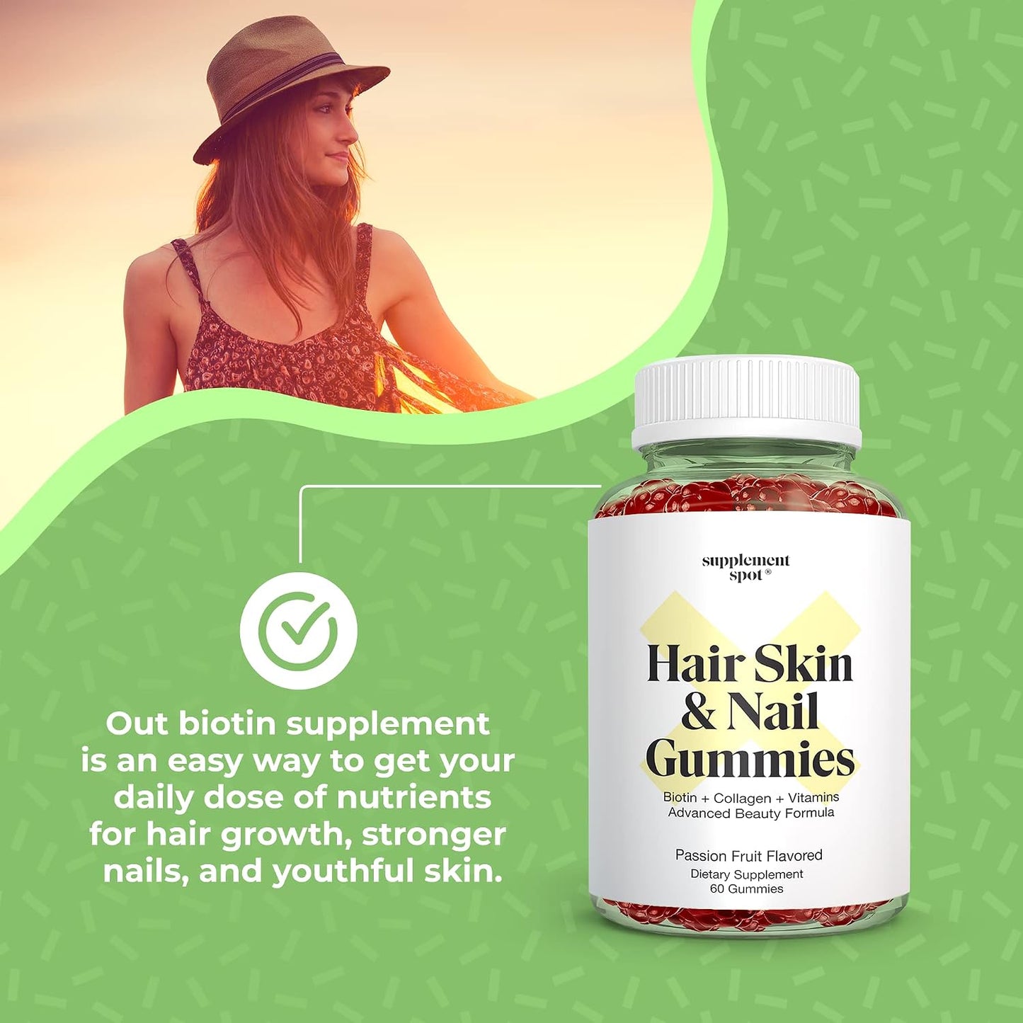 Supplement Spot Hair Skin and Nails Vitamins - 6000 mcg Biotin Gummies with Collagen, Passion Fruit Flavour (60 Gummies) - görsel 4