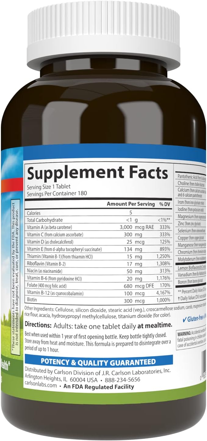 Carlson Super 1 Daily, Vegetarian Multivitamin Formula, for Optimal Wellbeing, 180 Tablets - görsel 2