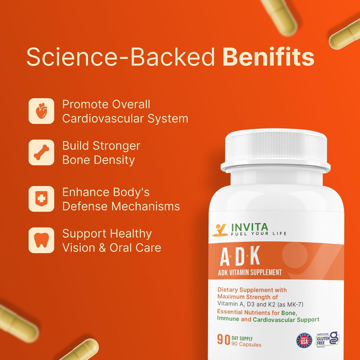 INVITA ADK Vitamin Supplement – 90 Capsules – Vitamin A, D3 5000 IU & K2-MK7 - görsel 5