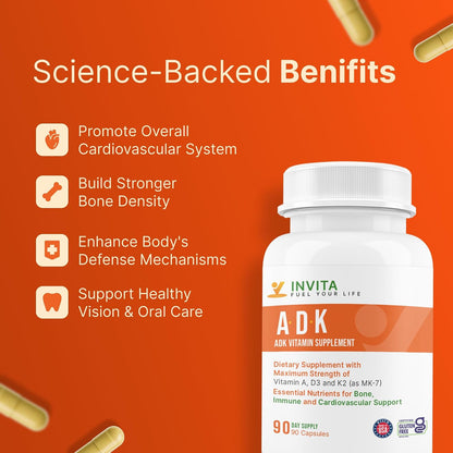 INVITA ADK Vitamin Supplement – 90 Capsules – Vitamin A, D3 5000 IU & K2-MK7