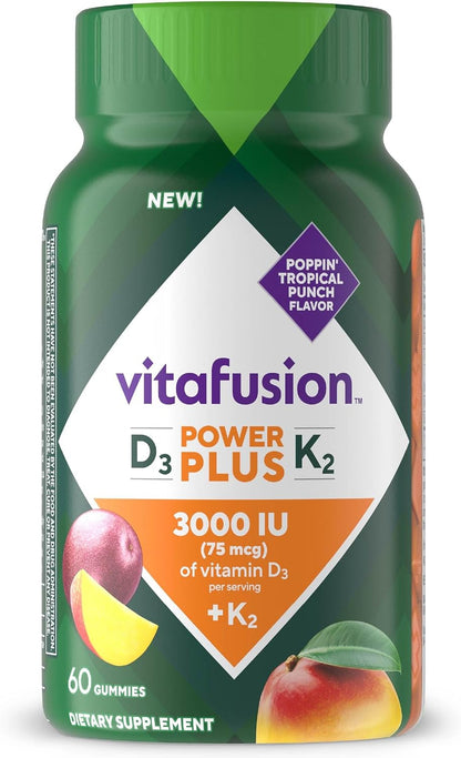 Vitafusion Power Plus Vitamin D3 & K2 Gummies, 3000 IU, Tropical Punch, 60 Gummies
