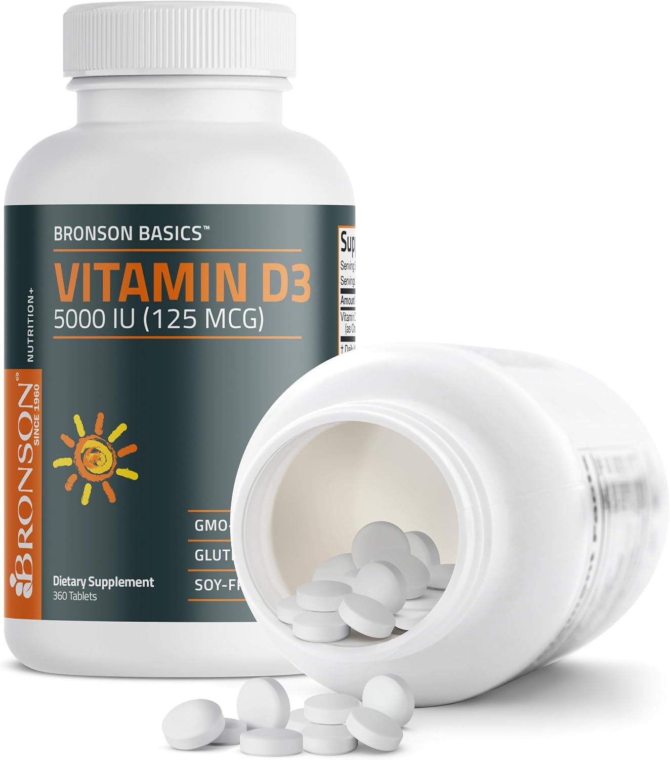 Bronson Vitamin D3 5000 IU (125mcg) Non-GMO Gluten-Free Soya-Free 360 Tablets - görsel 6