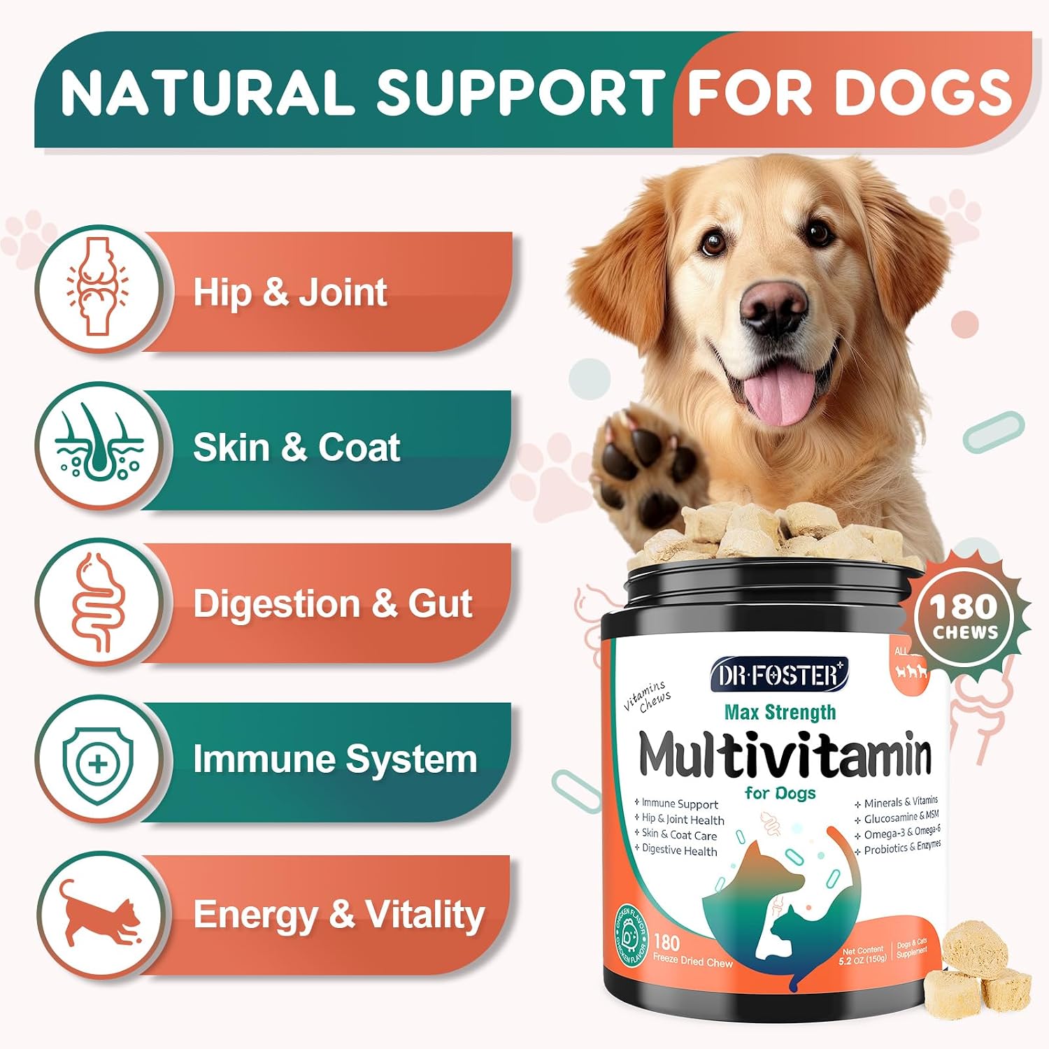 Dog Multivitamin, Dog Vitamins and Supplements, Multivitamin for Dogs with Glucosamine, Probiotics & Omega-3 for Joint, Digestive, Skin, Coat and Immune Health, Chicken Flavour - 180 Bites - görsel 2