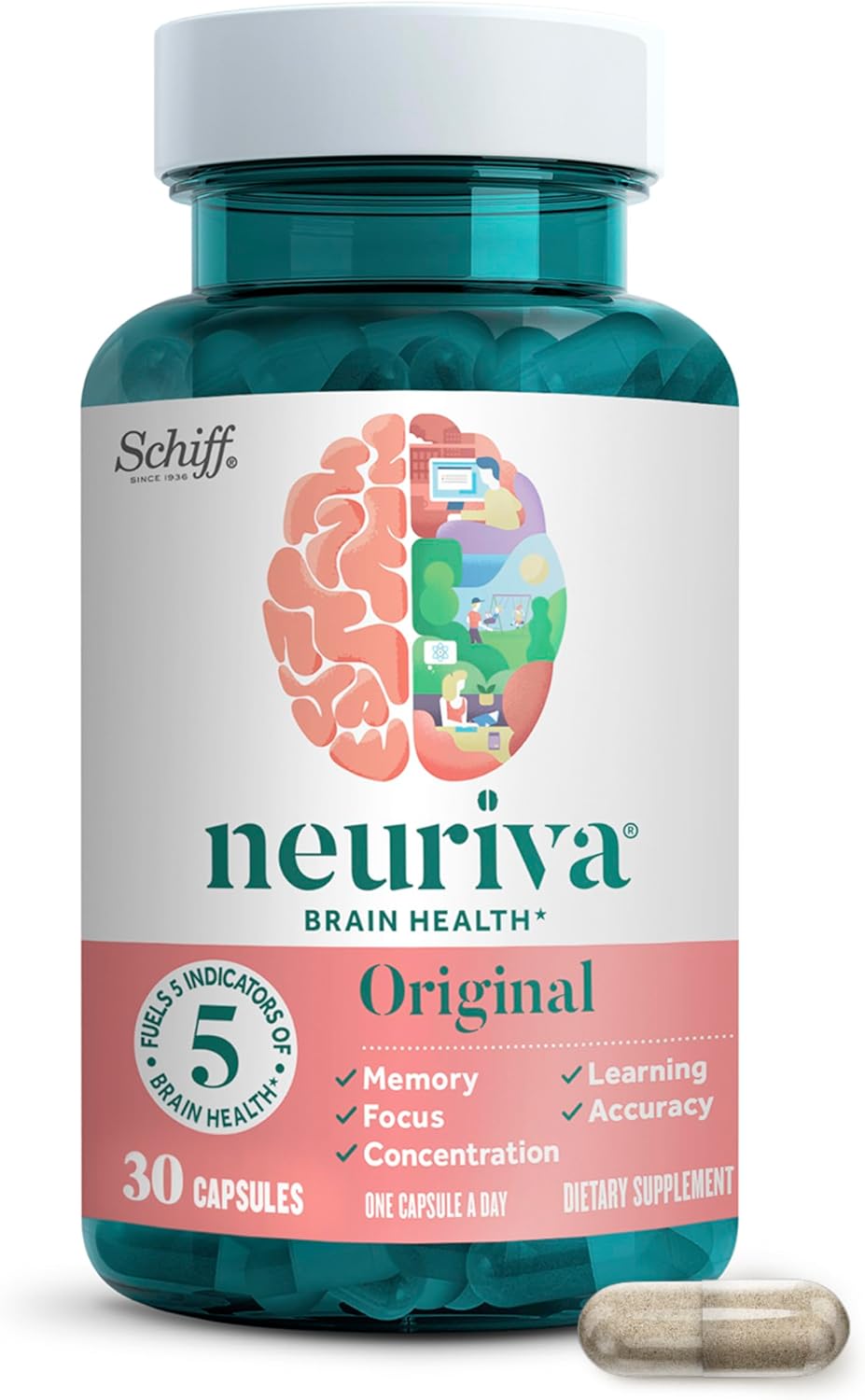 NEURIVA Original Brain Supplement for Memory and Focus, Clinically Tested Nootropics with Phosphatidylserine and Neurofactor, 30 Capsules - görsel 2