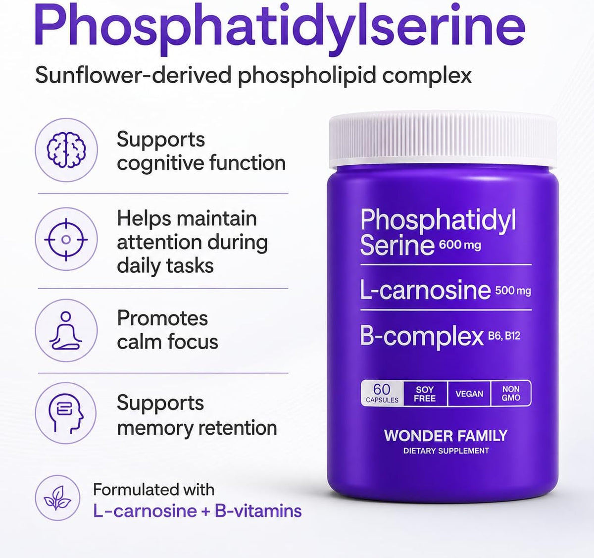 Phosphatidylserine 600 mg with L-Carnosine 500 mg + B6, B12 & Folate | Non-Soya Sunflower Lecithin PS Complex | Plant-Based, Non-GM | 60 Capsules - görsel 6