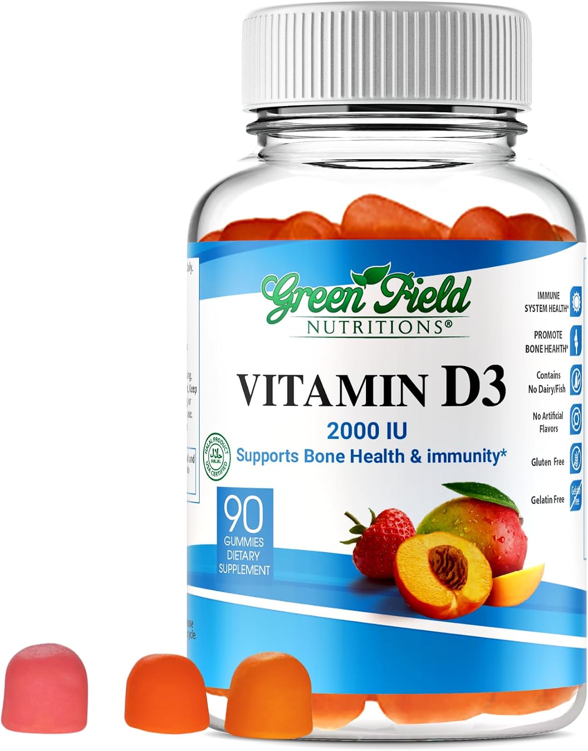 Greenfield Nutritions Halal Vitamin D3 Gummies for Adults – 2000 IU (50 µg), 90 Gummies – Non-GMO, Gluten-free, Gelatine Free, Vegetarian – Supports Bone, Heart and Immune Health - görsel 1