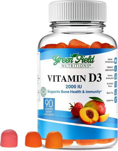 Greenfield Nutritions Halal Vitamin D3 Gummies for Adults – 2000 IU (50 µg), 90 Gummies – Non-GMO, Gluten-free, Gelatine Free, Vegetarian – Supports Bone, Heart and Immune Health
