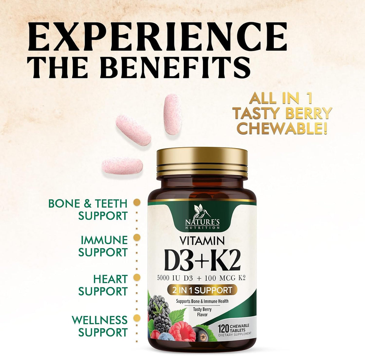 Vitamin D3 K2 Supplement | 5000 IU D3 + 100 mcg K2 (MK-7) | Chewable Tablets - Berry Flavour - görsel 5