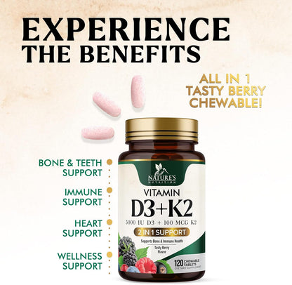 Vitamin D3 K2 Supplement | 5000 IU D3 + 100 mcg K2 (MK-7) | Chewable Tablets - Berry Flavour