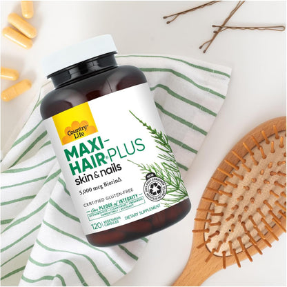 Country Life Maxi-Hair Plus Hair, Skin & Nails Vitamin with 5,000 mcg Biotin - 120 Vegetarian Capsules