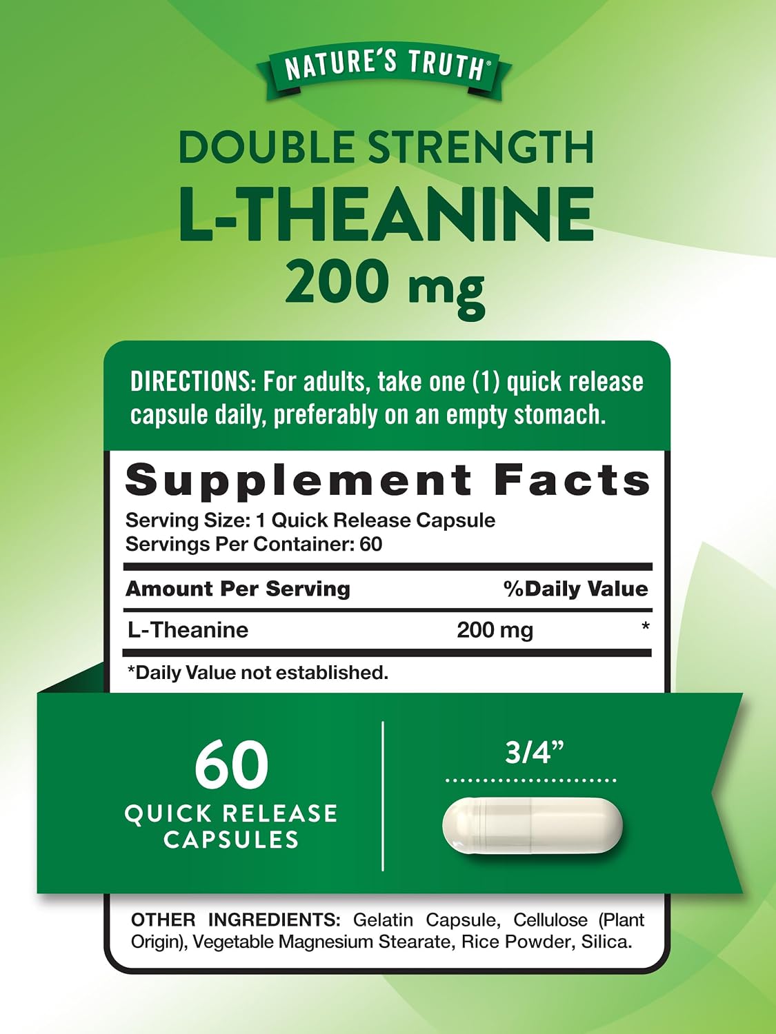 Nature's Truth L-Theanine 200mg, 60 Quick Release Capsules – Non-GM & Gluten-free - görsel 2