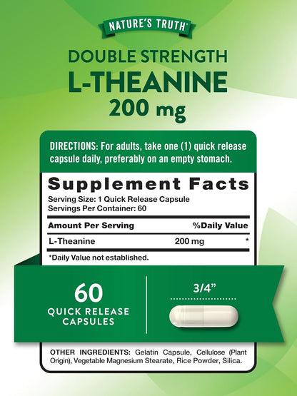 Nature's Truth L-Theanine 200mg, 60 Quick Release Capsules – Non-GM & Gluten-free