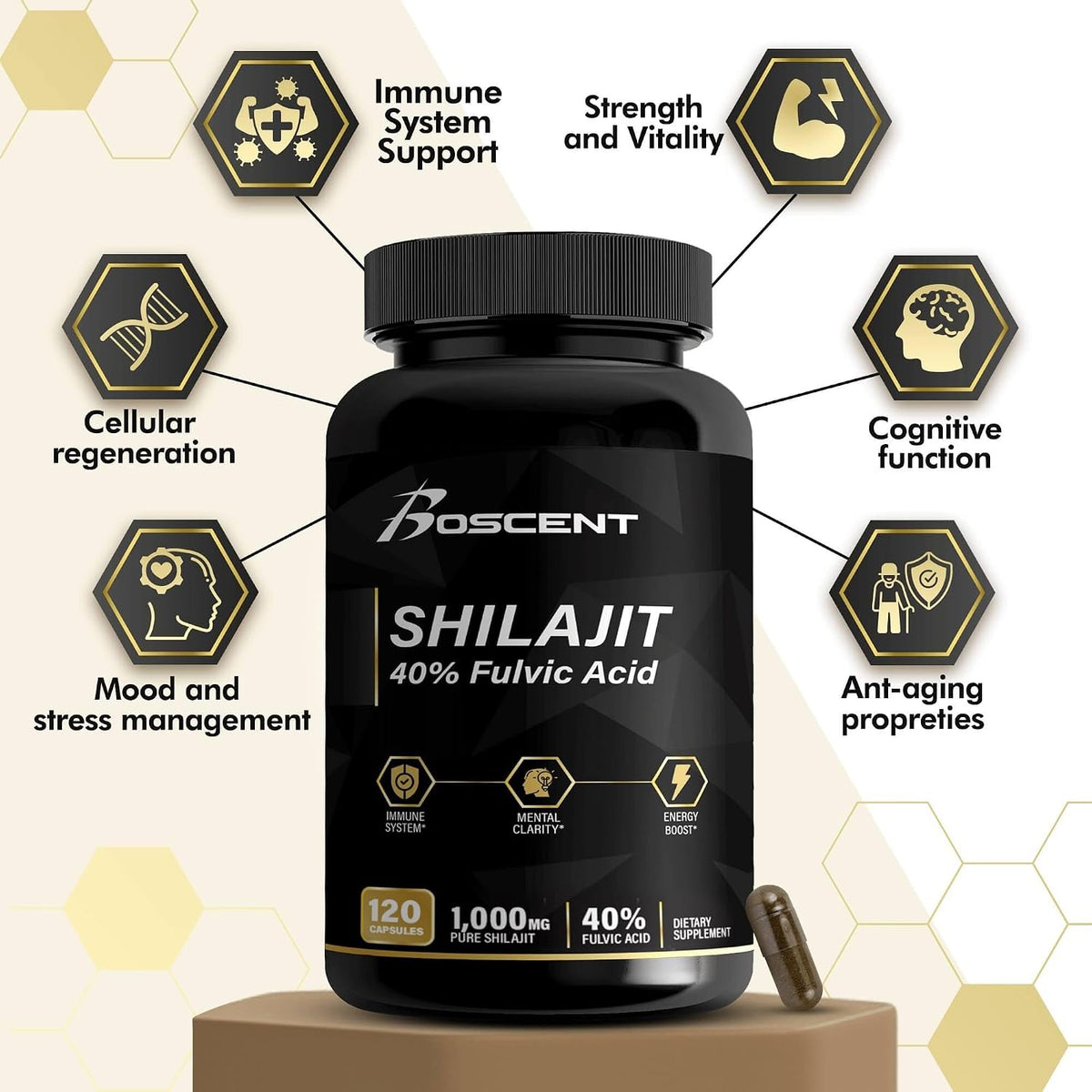 BOSCENT Shilajit Capsules 20,000mg – Pure Himalayan Shilajit with Fulvic Acid & 85+ Trace Minerals – 120 Vegan Capsules - görsel 6