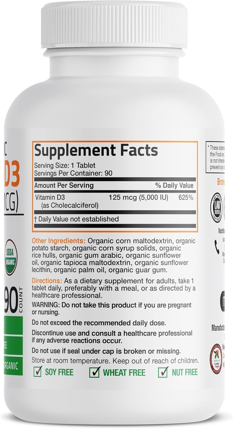Bronson Vitamin D3 5000 IU - Certified Organic Vitamin D Supplement, Non-GMO, 90 Tablets - görsel 2