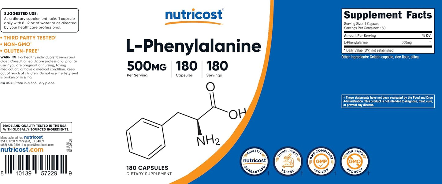 Nutricost L-Phenylalanine 500 mg - 180 Capsules - görsel 6