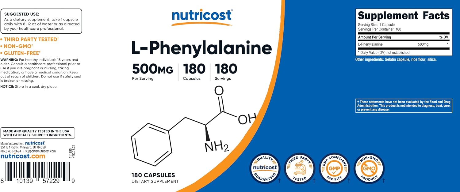 Nutricost L-Phenylalanine 500 mg - 180 Capsules - görsel 6