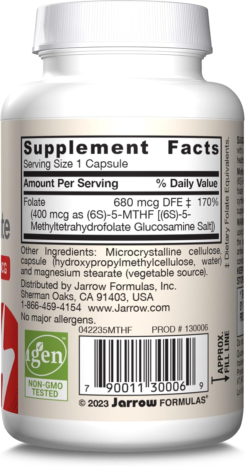 Jarrow Formulae Extra Strength Methyl Folate 400 mcg, Dietary Supplement for Homocysteine Metabolism & Psychological Function, 60 Vegetable Capsules, 60-Day Supply - görsel 10