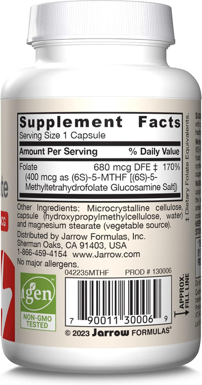 Jarrow Formulae Extra Strength Methyl Folate 400 mcg, Dietary Supplement for Homocysteine Metabolism & Psychological Function, 60 Vegetable Capsules, 60-Day Supply