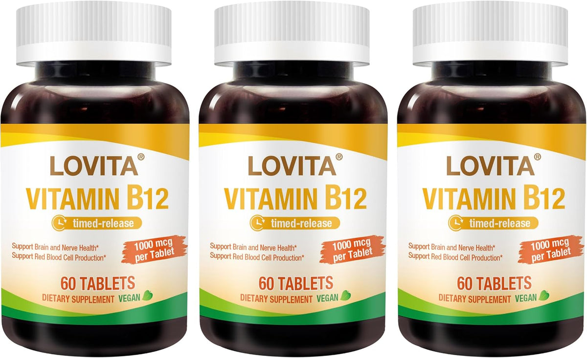 LOVITA Sustained-Release Vitamin B12 1000 mcg (Cyanocobalamin) – Timed Release, 60 Vegan Tablets for Brain & Nerve Health Support - görsel 6