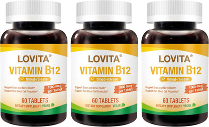 LOVITA Sustained-Release Vitamin B12 1000 mcg (Cyanocobalamin) – Timed Release, 60 Vegan Tablets for Brain & Nerve Health Support