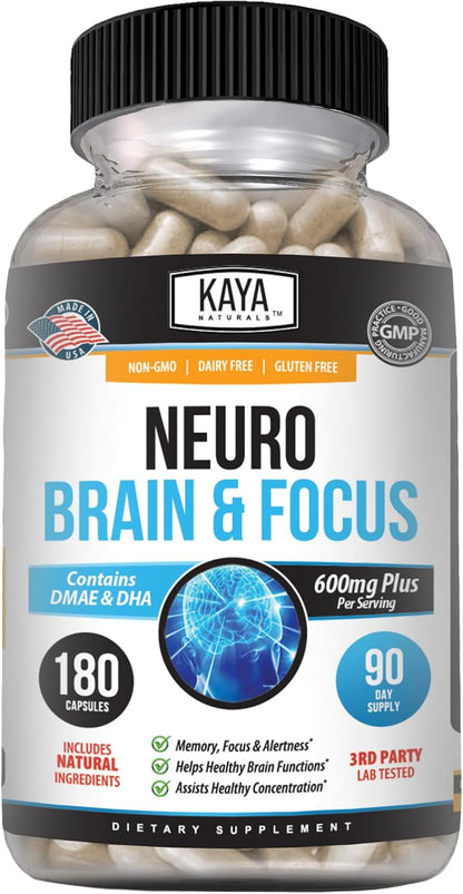 Kaya Naturals Neuro Brain – Nootropic Brain Support Supplement for Memory, Focus & Concentration (180 Capsules)