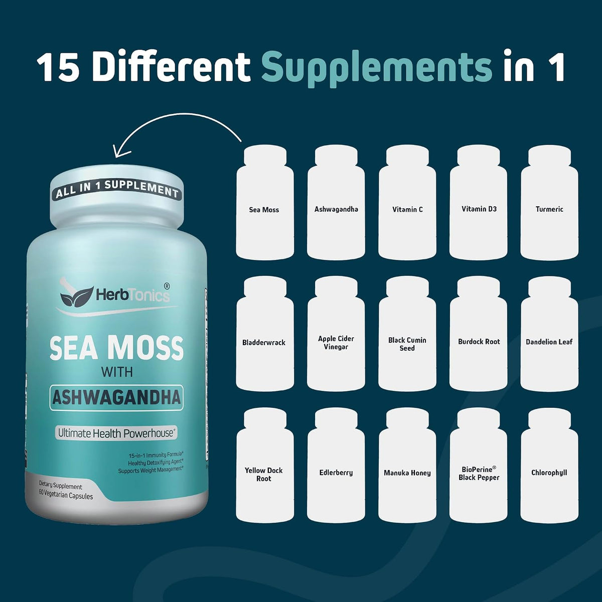 Herbtonics Sea Moss, Black Cumin Seed, Ashwagandha, Burdock Root & Apple Cider Vinegar Complex - 60 Capsules - görsel 2