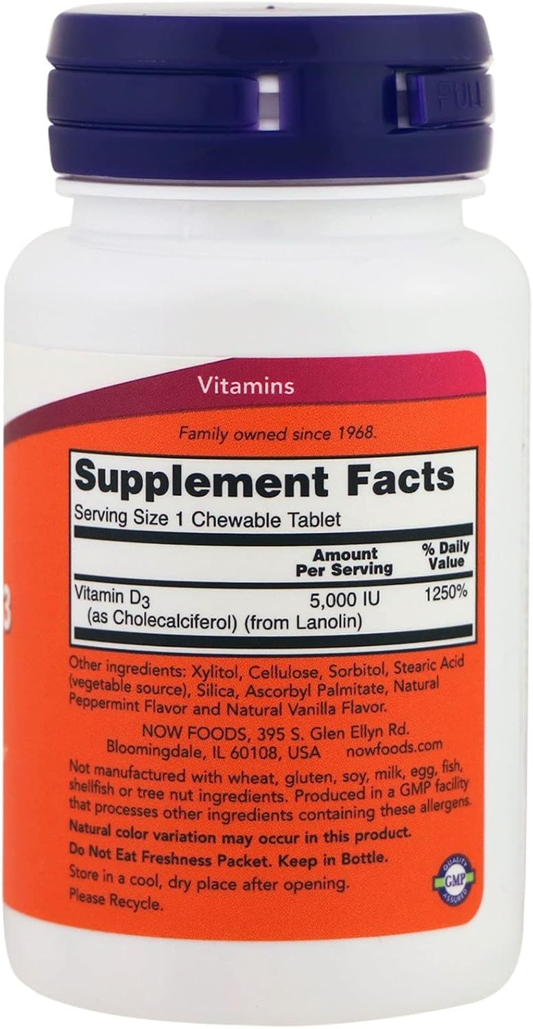 NOW Foods Vitamin D-3 5000 IU Chewable Tablets - Natural Mint Flavour, 120 Count - görsel 2