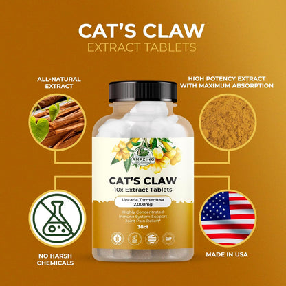Cat’s Claw Tablets – Organic Cat's Claw (Uncaria Tomentosa) 10x Extract 2000mg – Immune and Joint Support – 30 Tablets