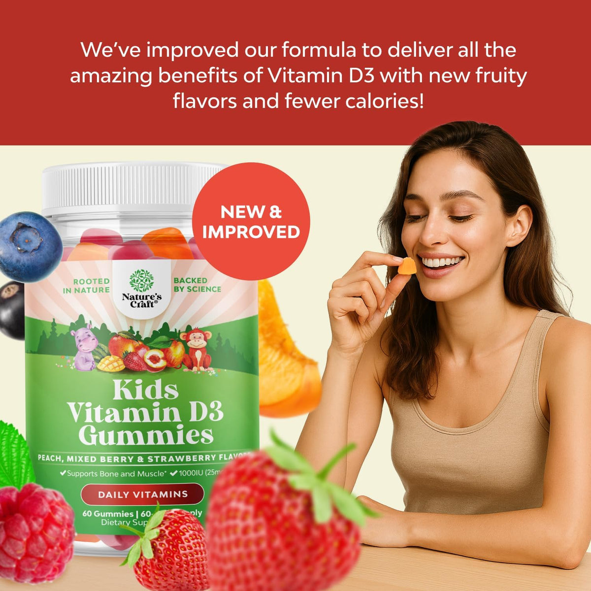 Chewable Vitamin D Gummies for Kids - 1000 IU Gelatine Free Fruit Flavours (60 Count) - görsel 2