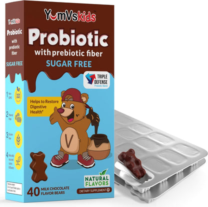 YUM-V'S Probiotics for Kids Chocolate Bears – Probiotic Supplement with Prebiotic Fibre – Sugar-Free – 60 Count (Pack of 2)