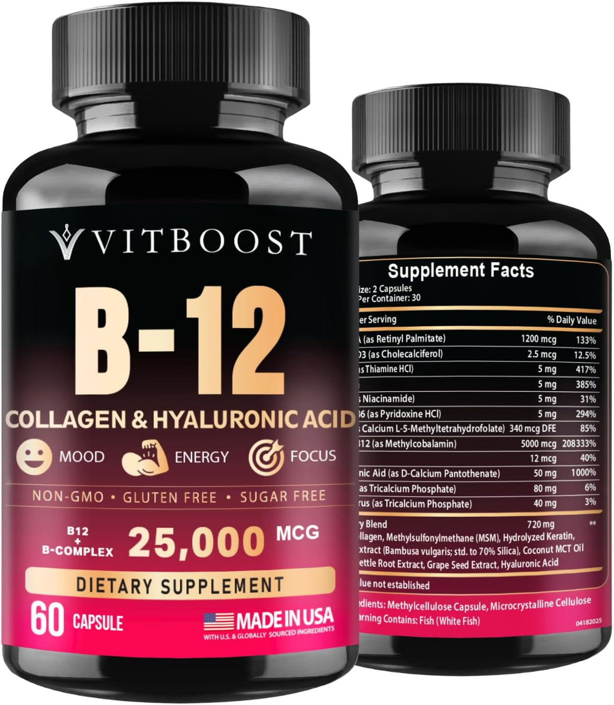 VITBOOST B12 Complex with Hyaluronic Acid, Collagen and Folate – 25000 µg B12 Complex, 5000 µg Methylcobalamin – 60 Capsules - görsel 1