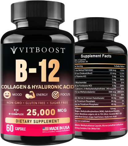 VITBOOST B12 Complex with Hyaluronic Acid, Collagen and Folate – 25000 µg B12 Complex, 5000 µg Methylcobalamin – 60 Capsules