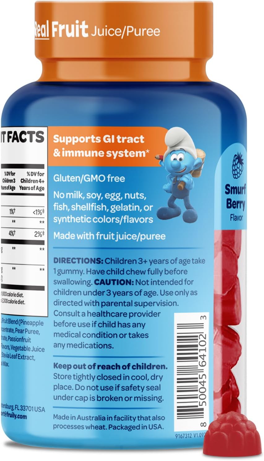 The Smurfs Kids Probiotic Gummies - 1 Billion CFU Probiotics & Prebiotics for Digestive & Immune Support, Ages 3+, Made with Real Fruit, 80 Count - görsel 8