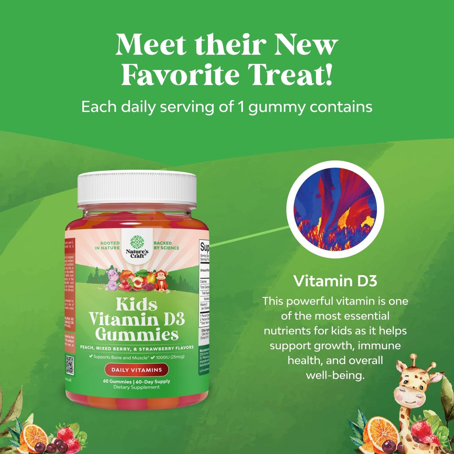Chewable Vitamin D Gummies for Kids - 1000 IU Gelatine Free Fruit Flavours (60 Count) - görsel 4