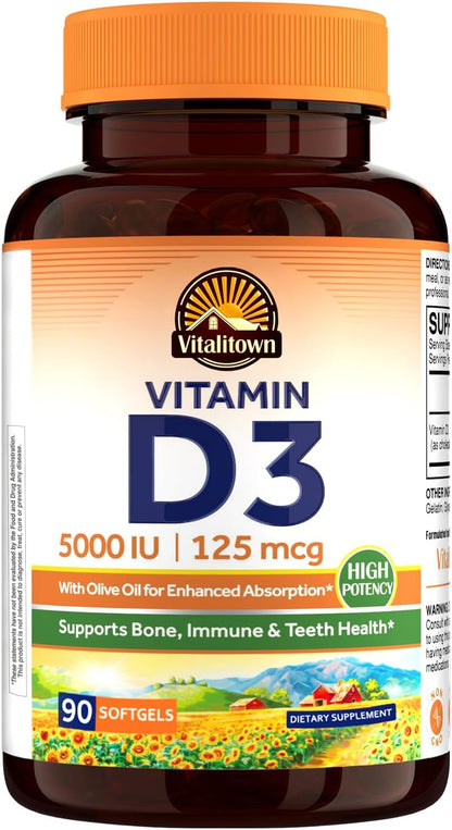 Vitalitown Vitamin D3 125 mcg (5000 IU) - High Potency with Olive Oil, 90 Soft gel capsules